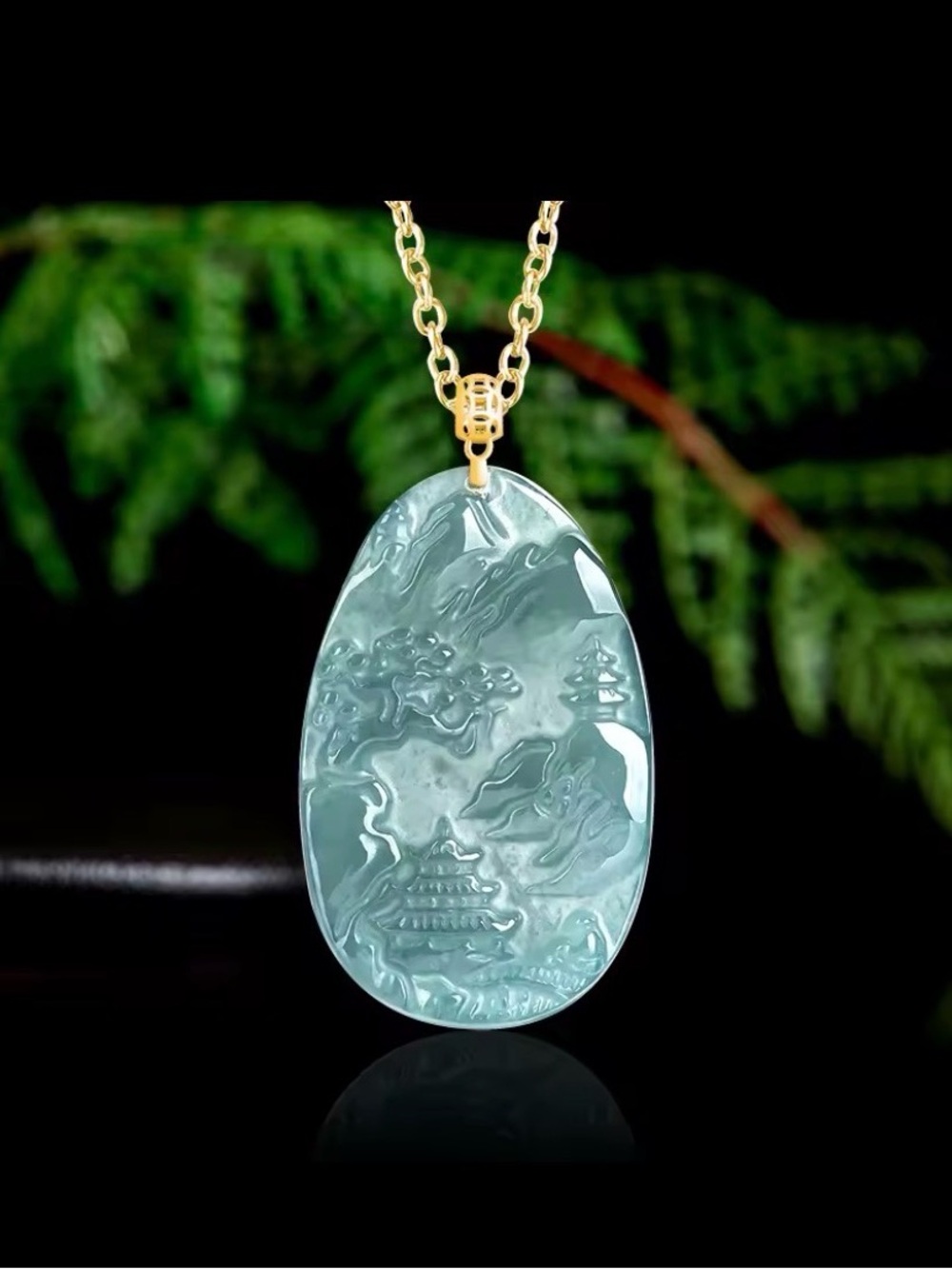 18K Gold Certified Jadeite Blue Water Burmese Jade Pendant 925 Silver Chain